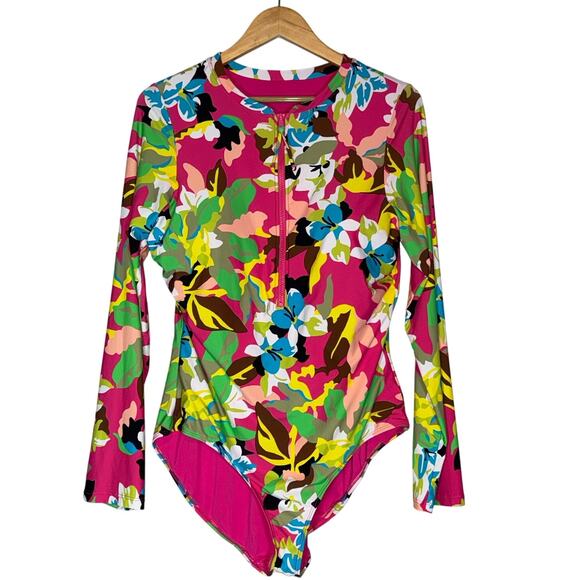 Anne Cole Floral Print Half Zip Rash Guard Swim Shirt Long Sleeve Swimsuit Sz 16 - Picture 1 of 10